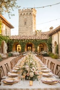 Larga mesa de banquete decorada con flores y velas para un evento al aire libre en un patio, donde las luces de cuerda y la torre de piedra crean el telón de fondo perfecto para encontrar tu vestido de novia perfecto.