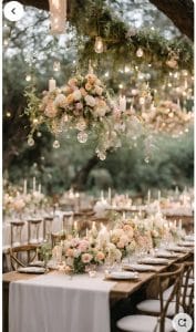 Recepción de boda al aire libre con largas mesas de madera, mantelería blanca, centros de mesa florales en tonos pastel, arreglos florales colgantes, velas y luces de cuerda bajo los árboles: un entorno encantador para complementar tu vestido de novia perfecto.